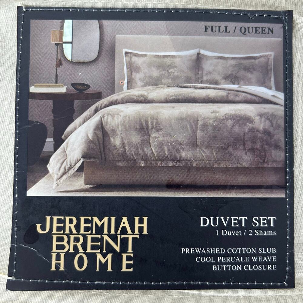 Jeremiah Brent Home Full Queen Duvet Set Cotton Slub Percale Neutral Floral